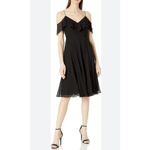 Jenny Yoo Kelli Formal Gown midi Dress Off the shoulder black chiffon size 8